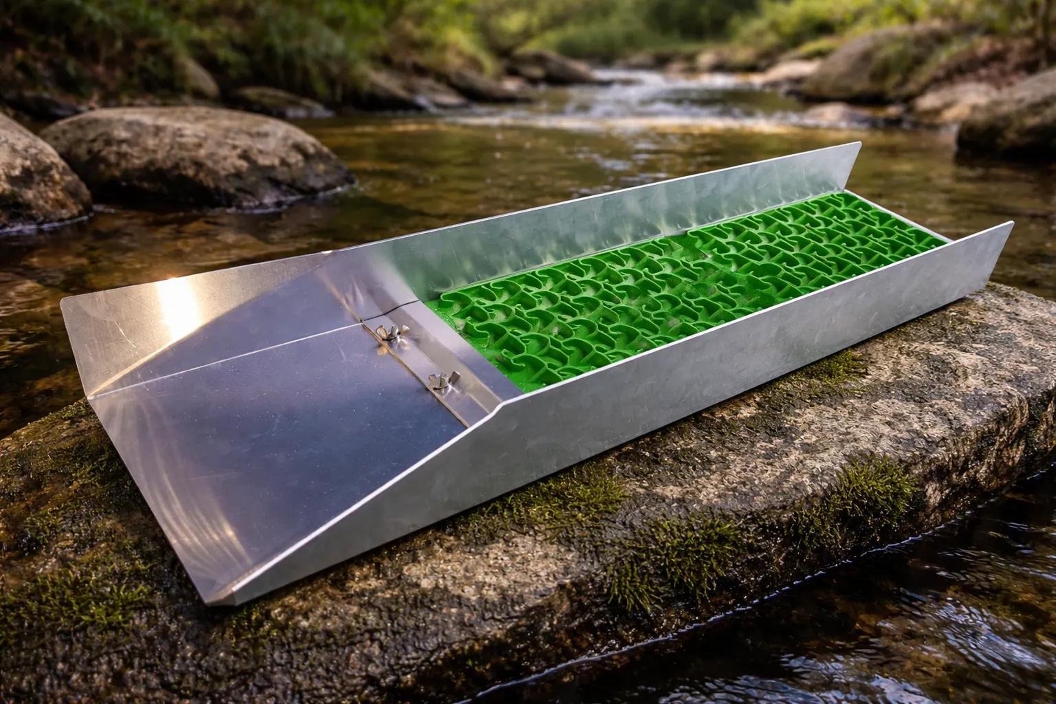 Compact backpack gold sluice set up in a shallow running creek